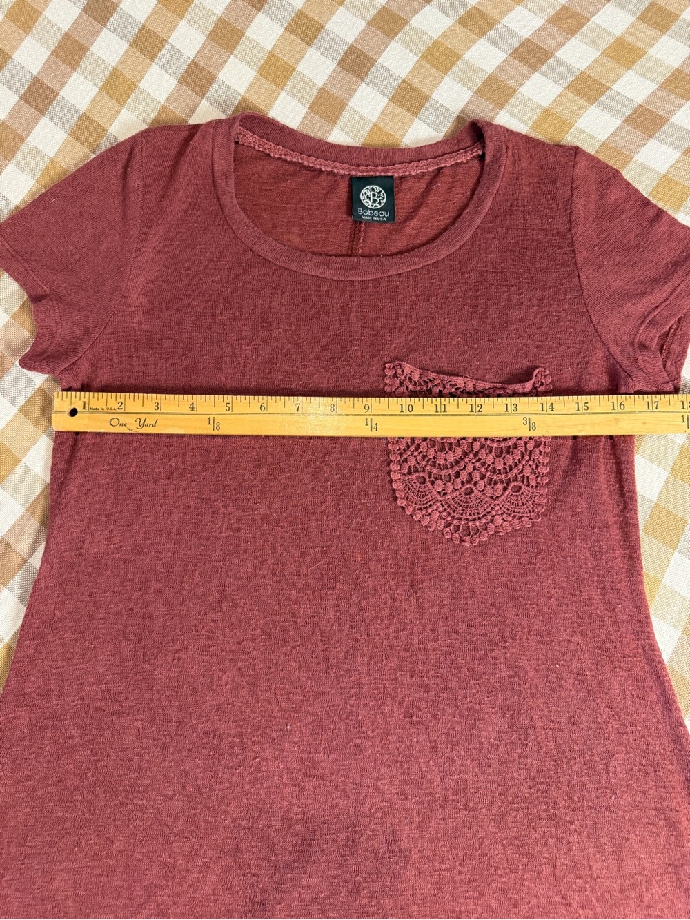 Bobeau Crochet Pocket Tee Mauve Sharkbite Hem Top Made in USA - Picture 4 of 6